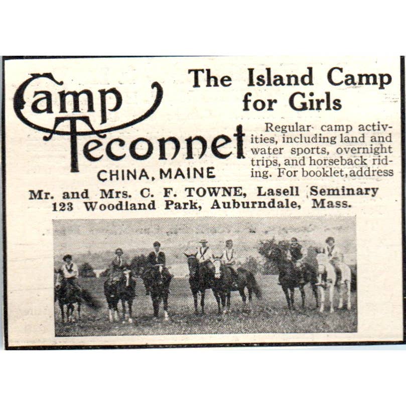 c1920 Harper's Ad - Teconnet Island Camp for Girls C.F. Towne China ME EA3-2