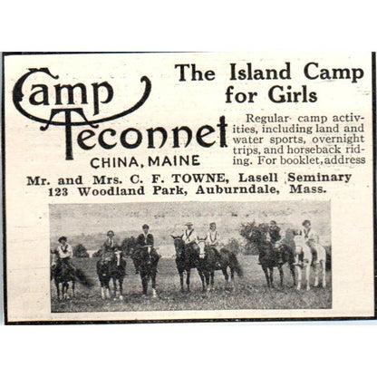 c1920 Harper's Ad - Teconnet Island Camp for Girls C.F. Towne China ME EA3-2