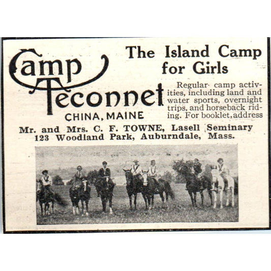 c1920 Harper's Ad - Teconnet Island Camp for Girls C.F. Towne China ME EA3-2