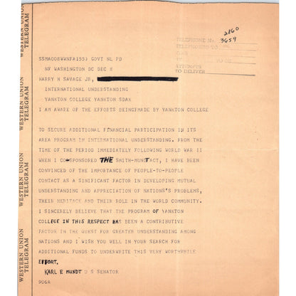 Western Union Telegram From South Dakota Senator Karl Mundt 1960s B11