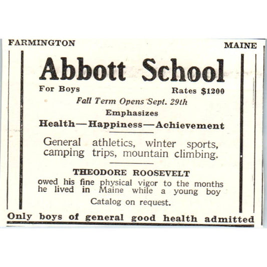c1920 Harper's Magazine Ad - Abbott School for Boys Farmington Maine EA3-1