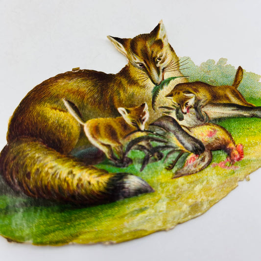 1880s Embossed Victorian Die Cut Fox with 2 Kits and Dead Chicken 3 x 4.5” AA2