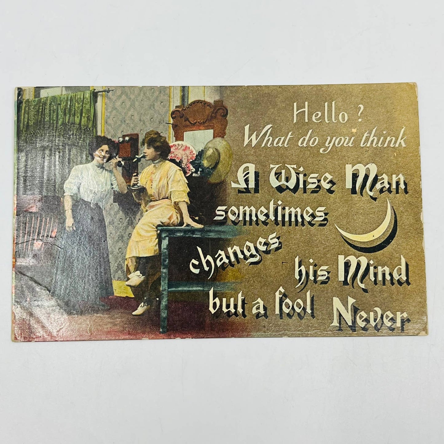 1910s Post Card Humor Tinted Victorian Ladies Talking on Telephone PA6