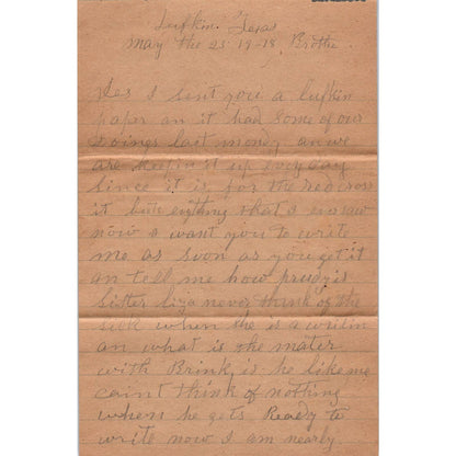 1916 Letter and Envelope W.M. Peavy Lufkin TX to J.M. Peavy Shreve AL AD6