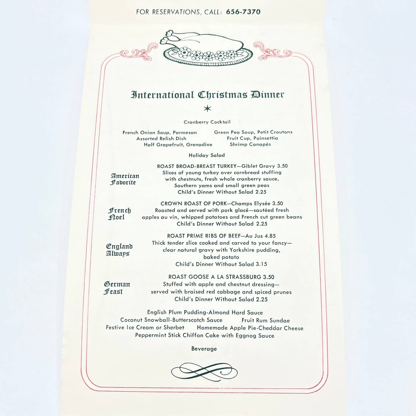 1960s American Airlines Astrojet Room Christmas Dinner Menu AB7