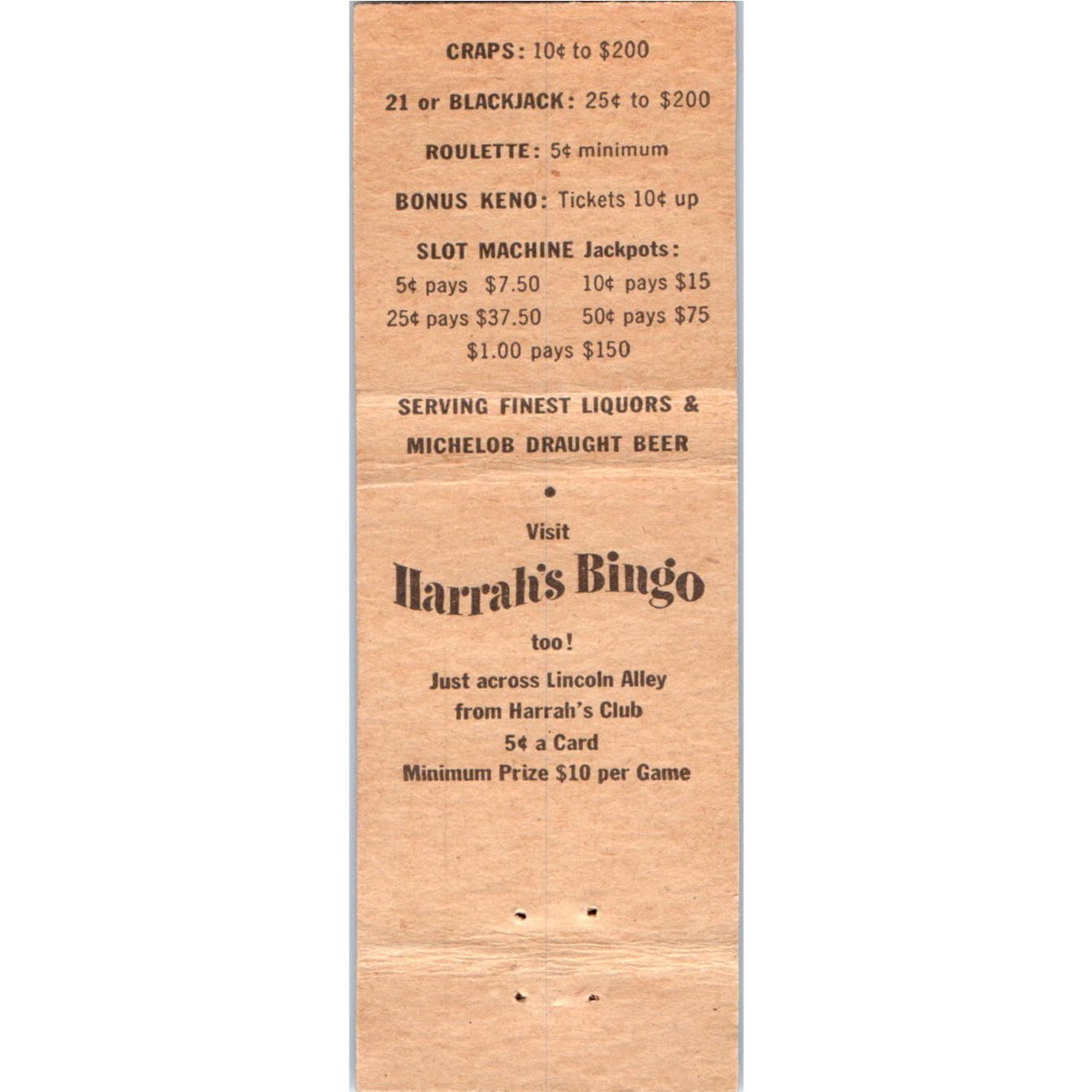 Harrah's Club Reno NV Amish Man & Gold Nugget Advertising Matchbook Cover SA9-M8