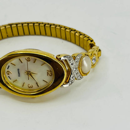 Vintage Gold Tone Rhinestone Quartz Watch Metal Stretch Band SA9