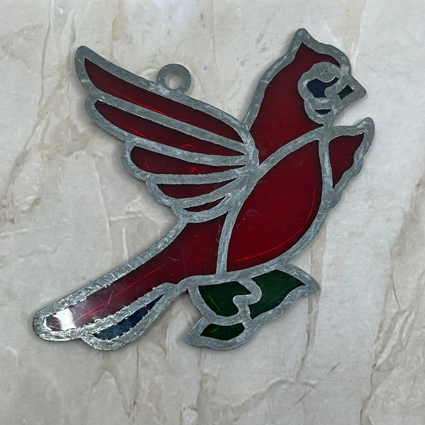 1980s Red Cardinal Bird Stained Glass Suncatcher 3.5” TE5-S1-1