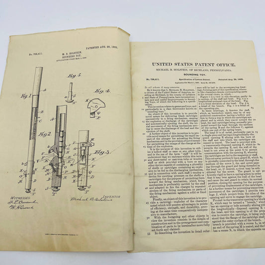 1905 US Patent M. B. Holstein Sounding Toy Diagram and Document D1