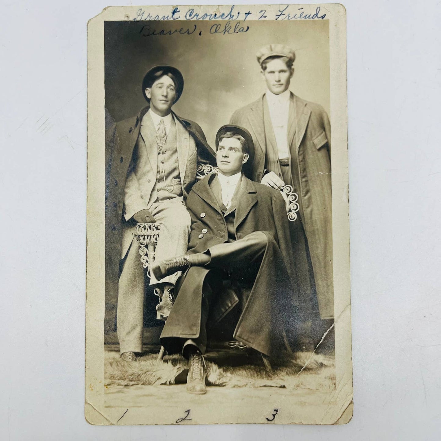 Early 1900 RPPC Portrait Young Man Grant Crouch & 2 Friends Beaver Oklanhoma PA9