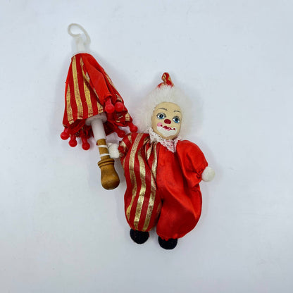 Vintage Harlequin Doll w/ Umbrella Porcelain Clown Face TE6