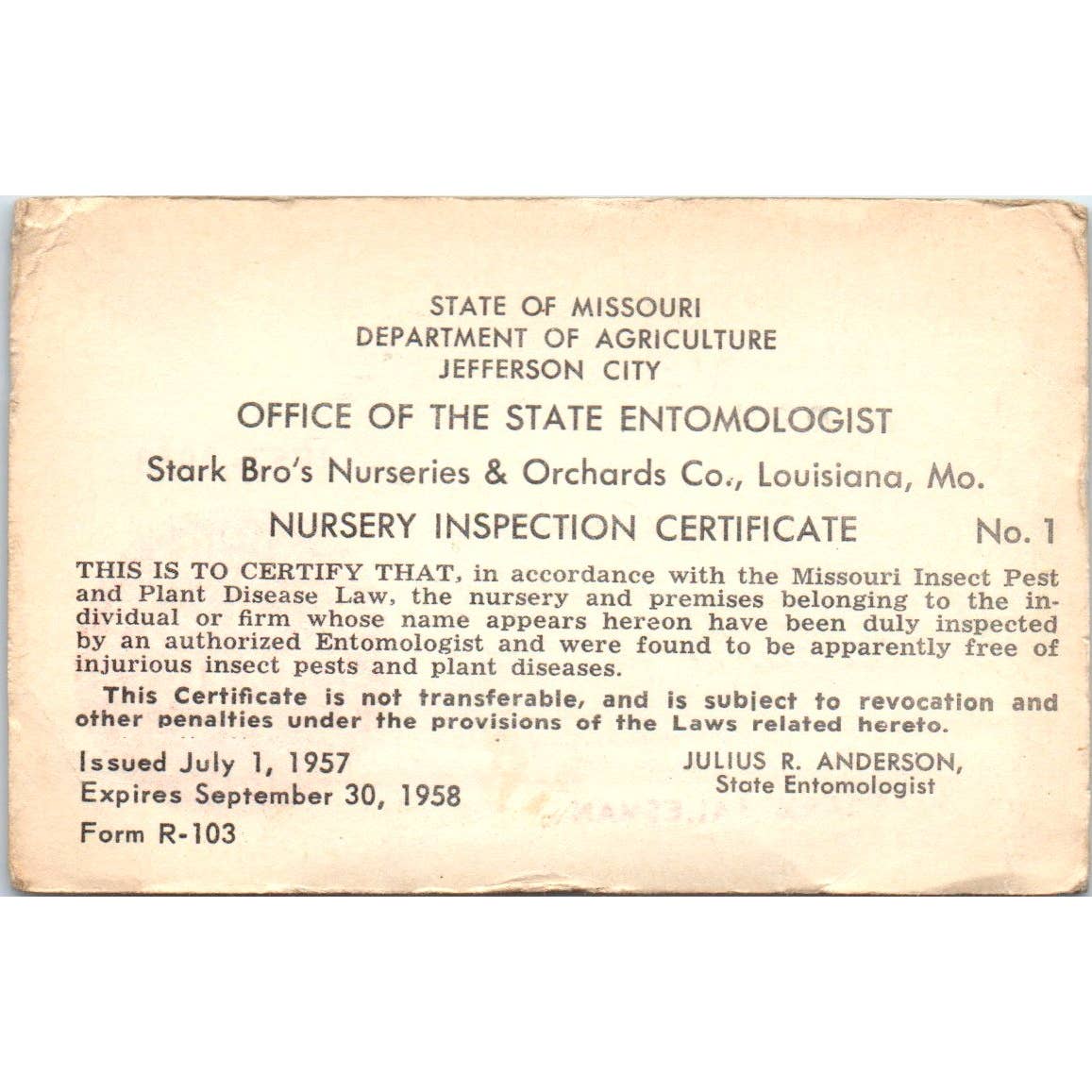 1957 Stark Bros Nursery & Orchards Salesman Identification Card Louisiana MO SE5