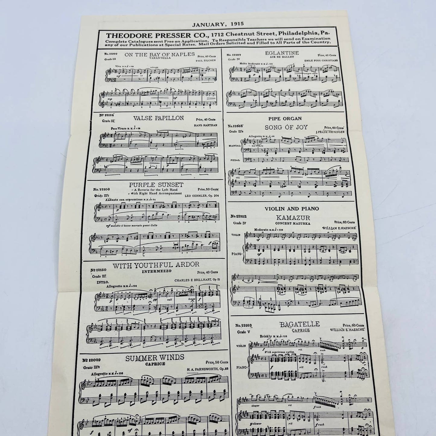 1915 Theodore Presser Co. Sheet Music Order Form and Envelope EA4