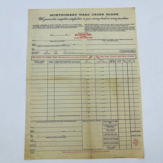 1940s WWII Era Montgomery Wards Order Blank Form - War Ration Stamp Option D3