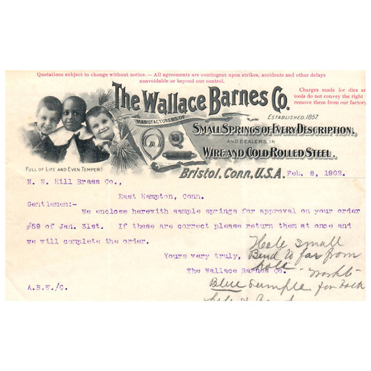 1902 The Wallace Barnes Co. Springs & Wire Letterhead Billhead Bristol CT AD1