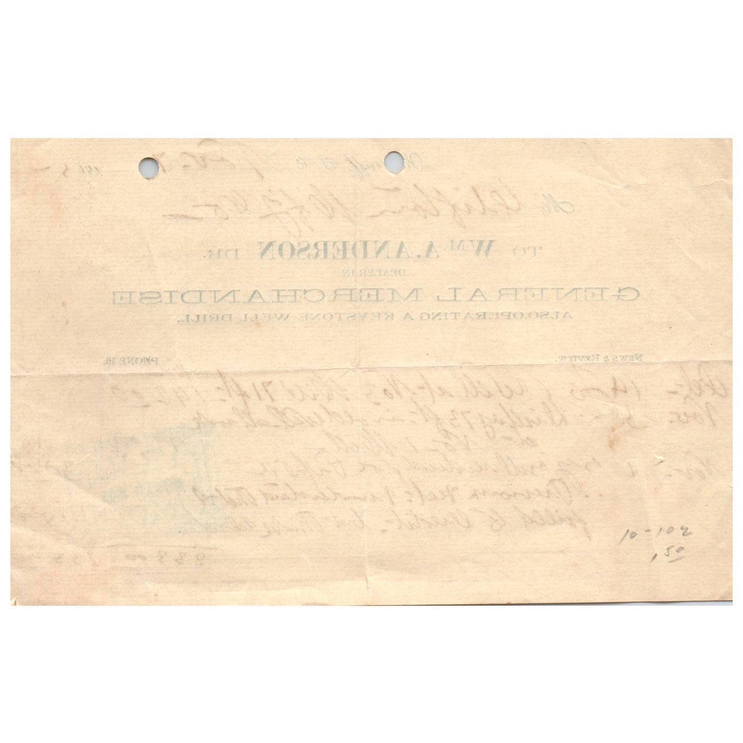 1905 Wm A. Anderson General Merchandise Letterhead Billhead Woodruff SC AD1