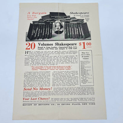 1920s Leaflet Teddy Roosevelt Review of Reviews Shakespeare Pocket Library AA9