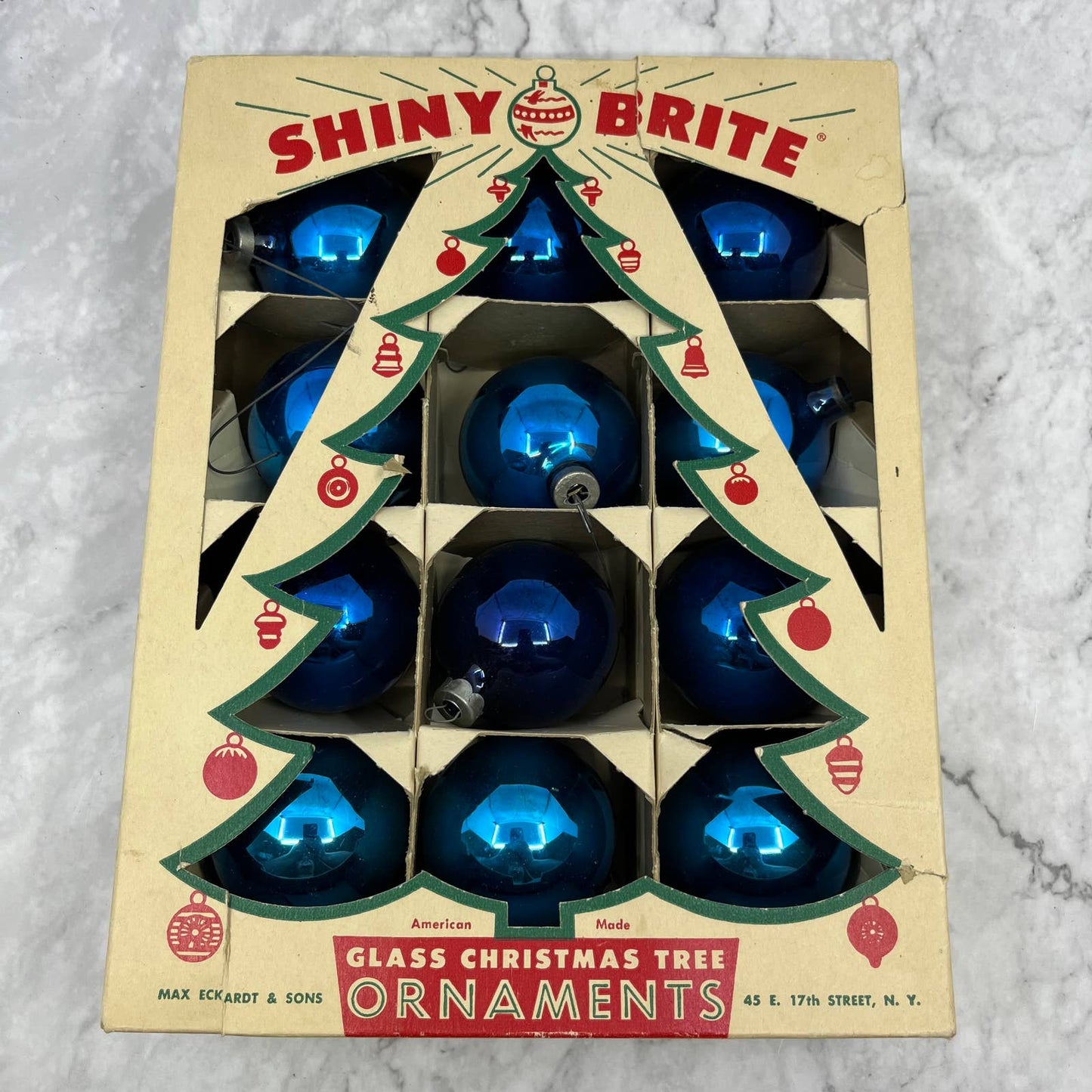 Shiny Brite 12 Vintage Mercury Glass Ornaments With Original Box Dark Blue