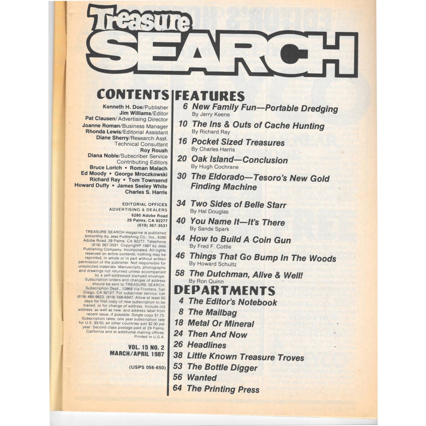 Treasure Search Magazine 1987 March/April Metal Detecting Gold Diamonds M2