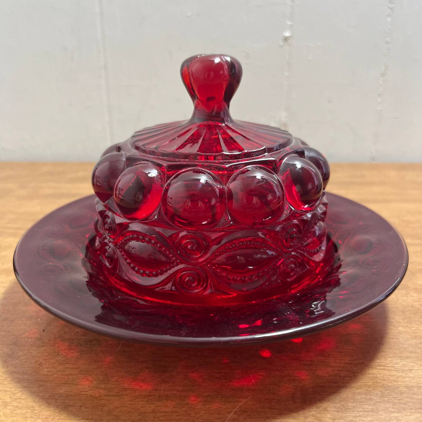 Vintage MOSSER Eyewinker Ruby Red Glass BUTTER BELL Covered Dish MINT 8” TB2