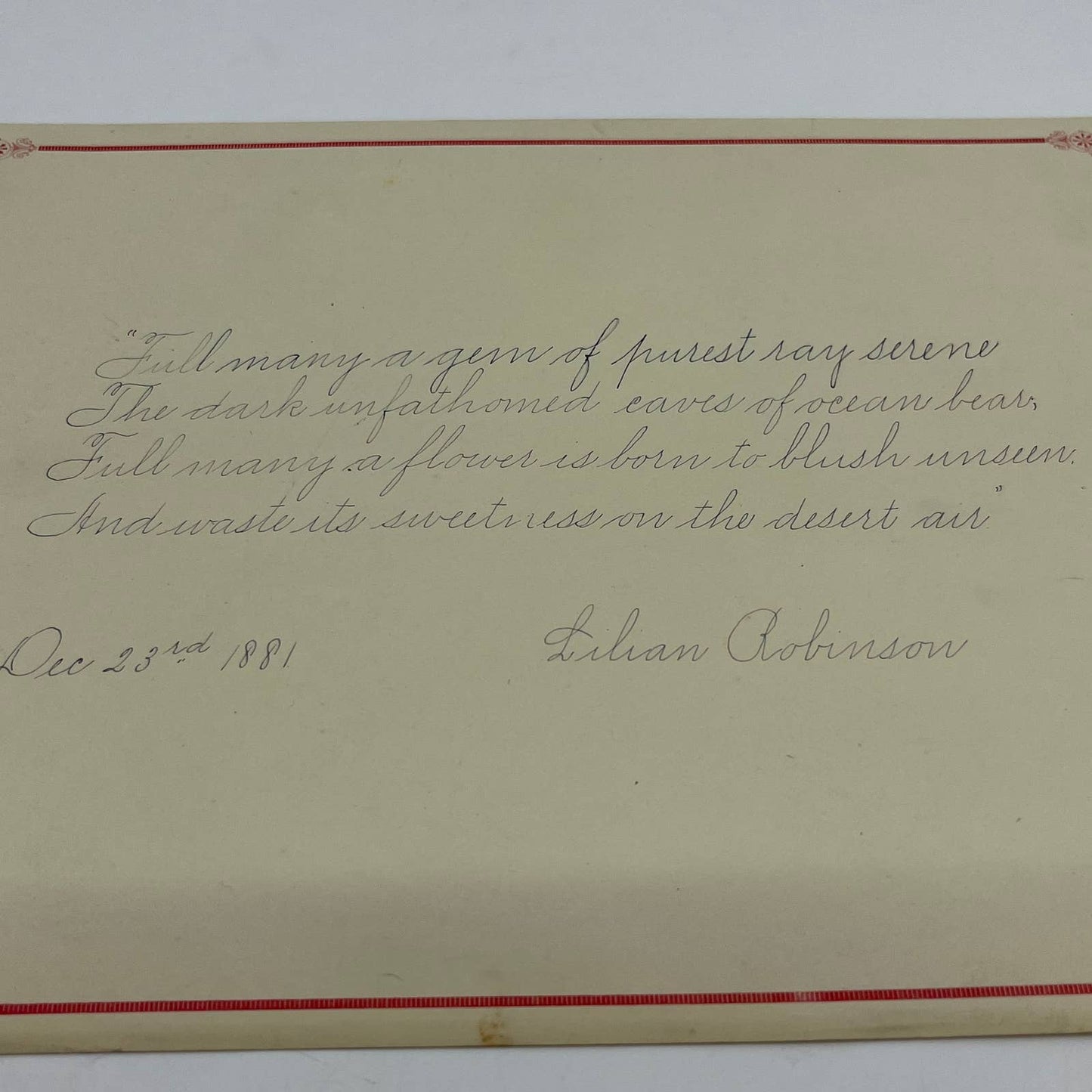 1881 Handwritten Poem by Lilian Robinson AA6