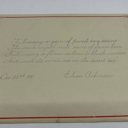 1881 Handwritten Poem by Lilian Robinson AA6