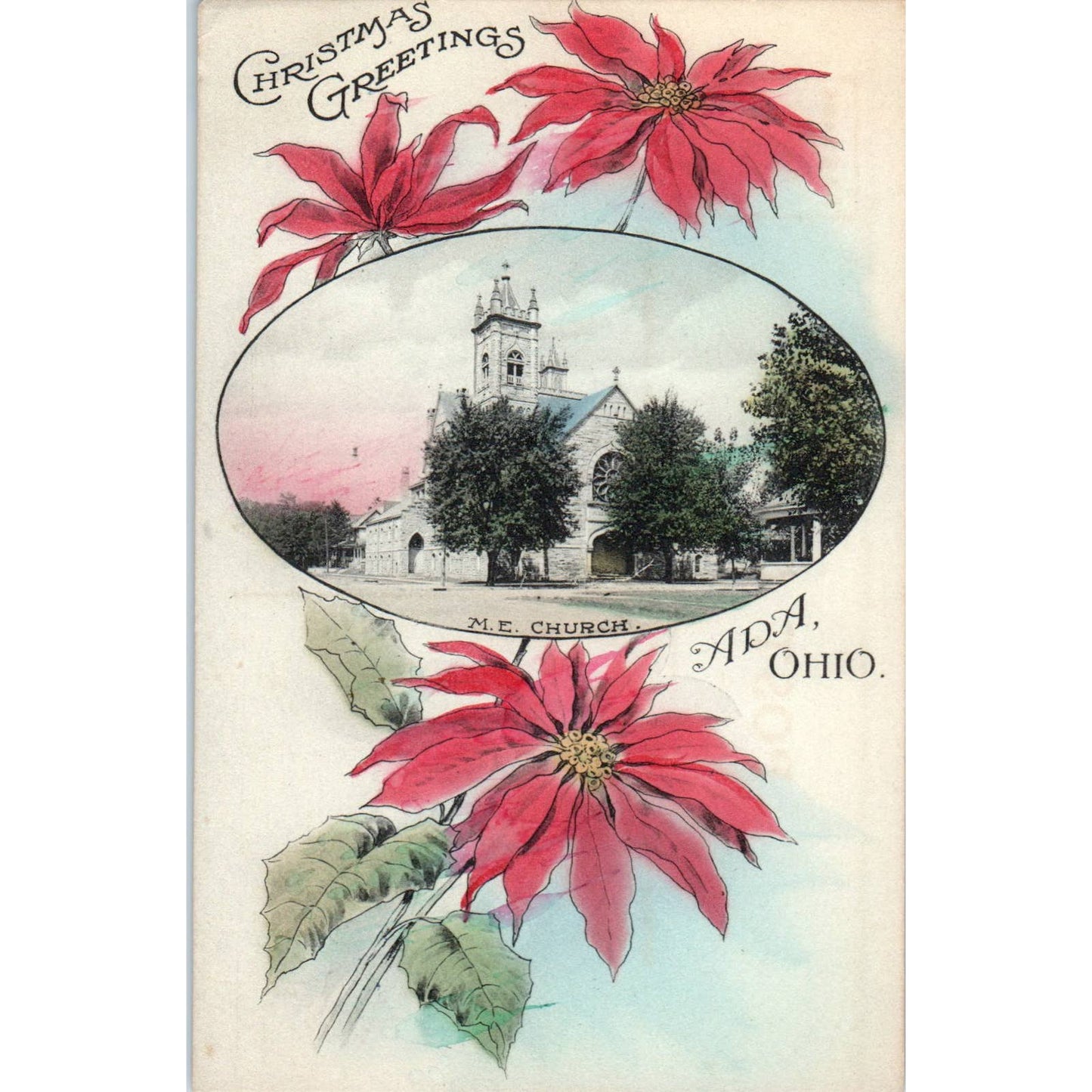 Antique Postcard Christmas Poinsettia M.E. Church Ada OH TD8-O2