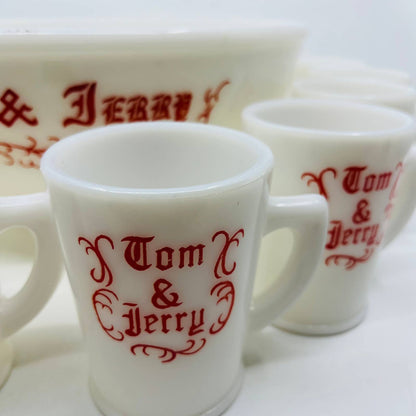 Vintage McKee Tom & Jerry Holiday Christmas Milk Glass Punch Bowl & 10 Cups