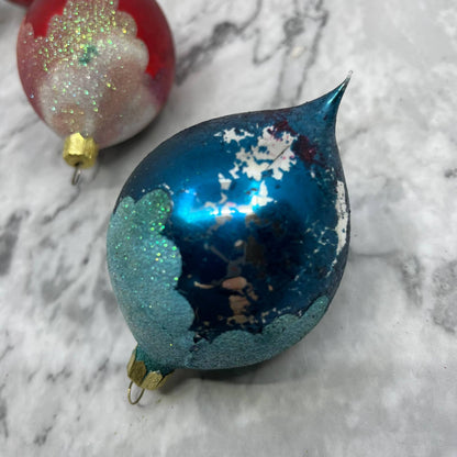 Vintage Lot of 3 Teardrop Mercury Glass Ornaments Red Blue Green Mica OT1