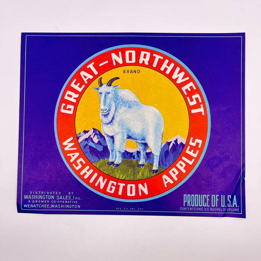 GREAT NORTHWEST Vintage Wenatchee Apple Crate Label Mountain Goat WA FL3
