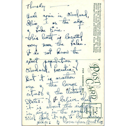 Vintage Postcard Hotel Cleveland - Lobby View,  Cleveland OH TD8-O2