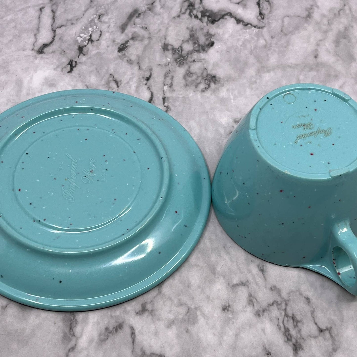Imperial Ware Speckled Confetti Teal Blue MCM Cup & Saucer Melmac Malamine TA3-2