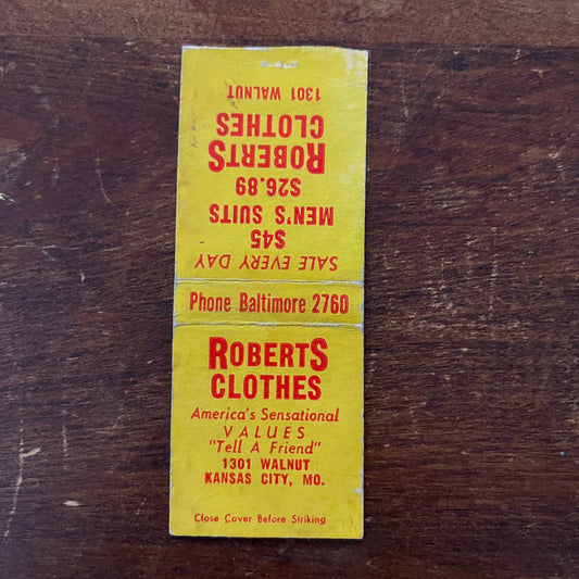 Roberts Clothes Kansas City MO Advertising Matchbook Cover SB3-M2