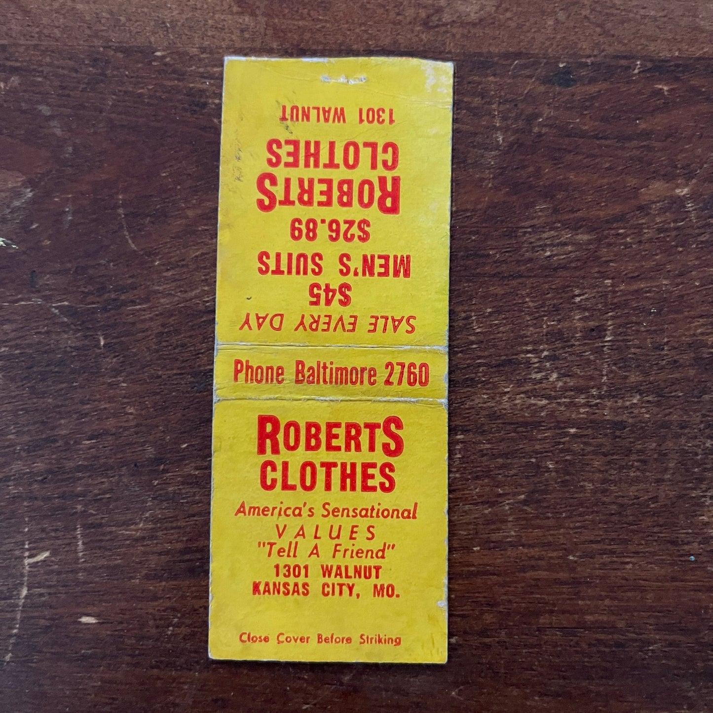 Roberts Clothes Kansas City MO Advertising Matchbook Cover MM11-6
