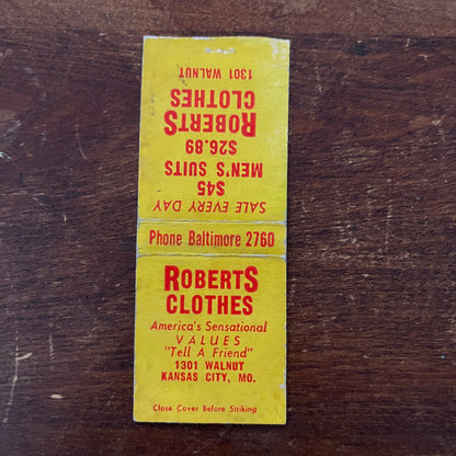 Roberts Clothes Kansas City MO Advertising Matchbook Cover MM11-6
