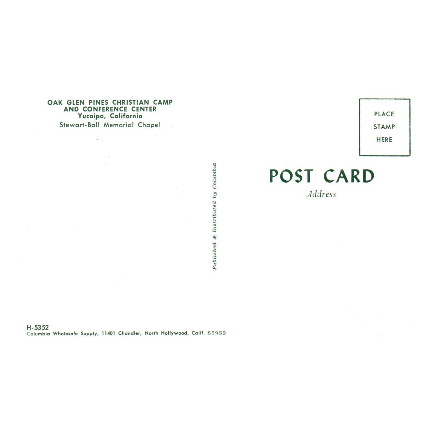 Vtg Postcard - Oak Glen Pines Christian Camp Yucaipa CA Stewart-Ball Chapel AD9