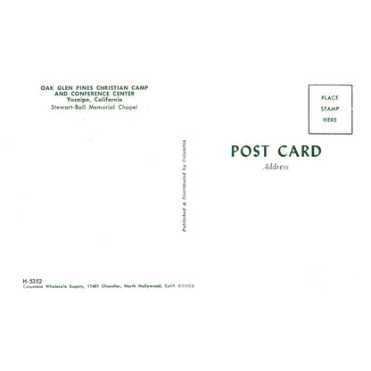 Vtg Postcard - Oak Glen Pines Christian Camp Yucaipa CA Stewart-Ball Chapel AD9