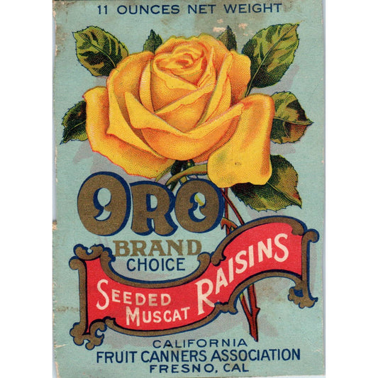 1940s Clipped Box Label - Oro Brand Choice Seeded Muscat Raisins Fresno CA SF2
