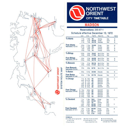 1972 Northwest Orient Airlines City Timetable Madison Route Map SE4