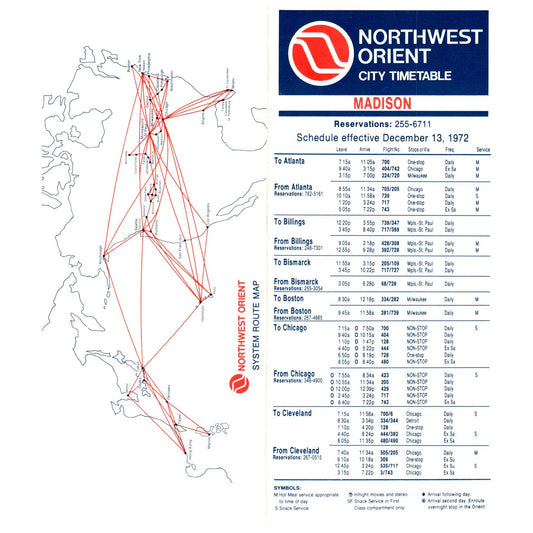 1972 Northwest Orient Airlines City Timetable Madison Route Map SE4