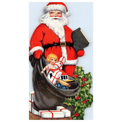 1930s Embossed 3 Piece Christmas Card Poem Santa With Bag of Toys SE4