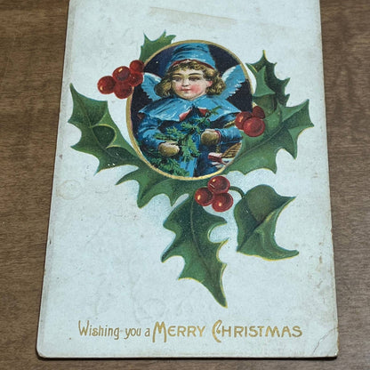 c1910 Embossed Cherub Holly Tree Holly Victorian Merry Christmas Postcard PA2