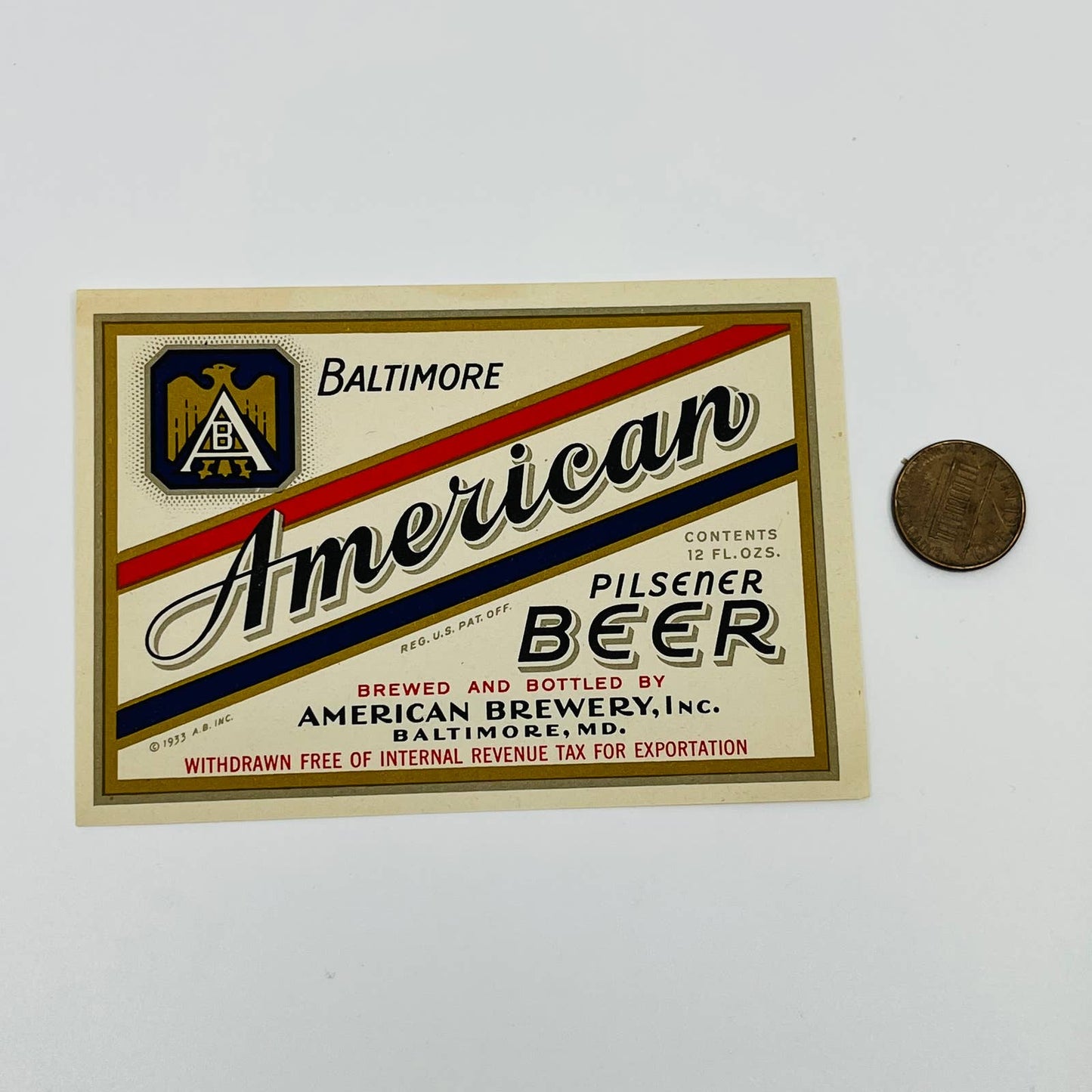 1933 American Brewery Baltimore MD American Pilsener Beer IRTP Beer Label SC1