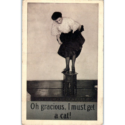 Woman Scared of Mouse "I Must Get a Cat" Humor c1910 Original Postcard PB1