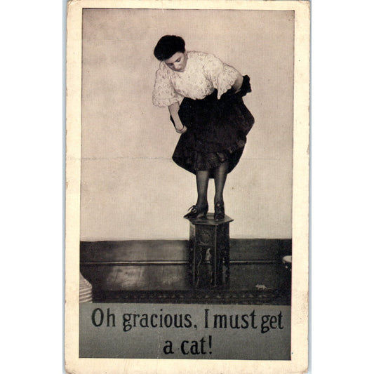 Woman Scared of Mouse "I Must Get a Cat" Humor c1910 Original Postcard PB1