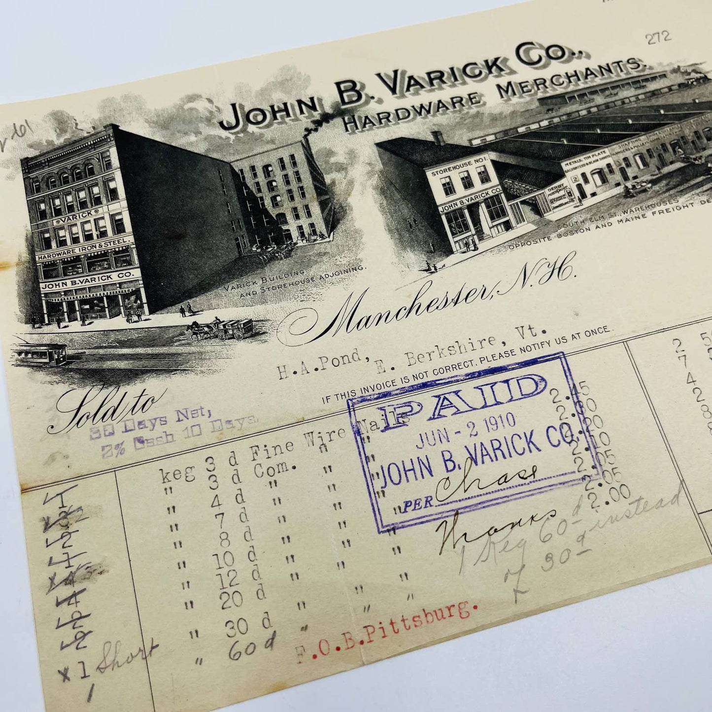 1910 John Varick Hardware Merchant Manchester NH Billhead Letterhead Receipt AA4