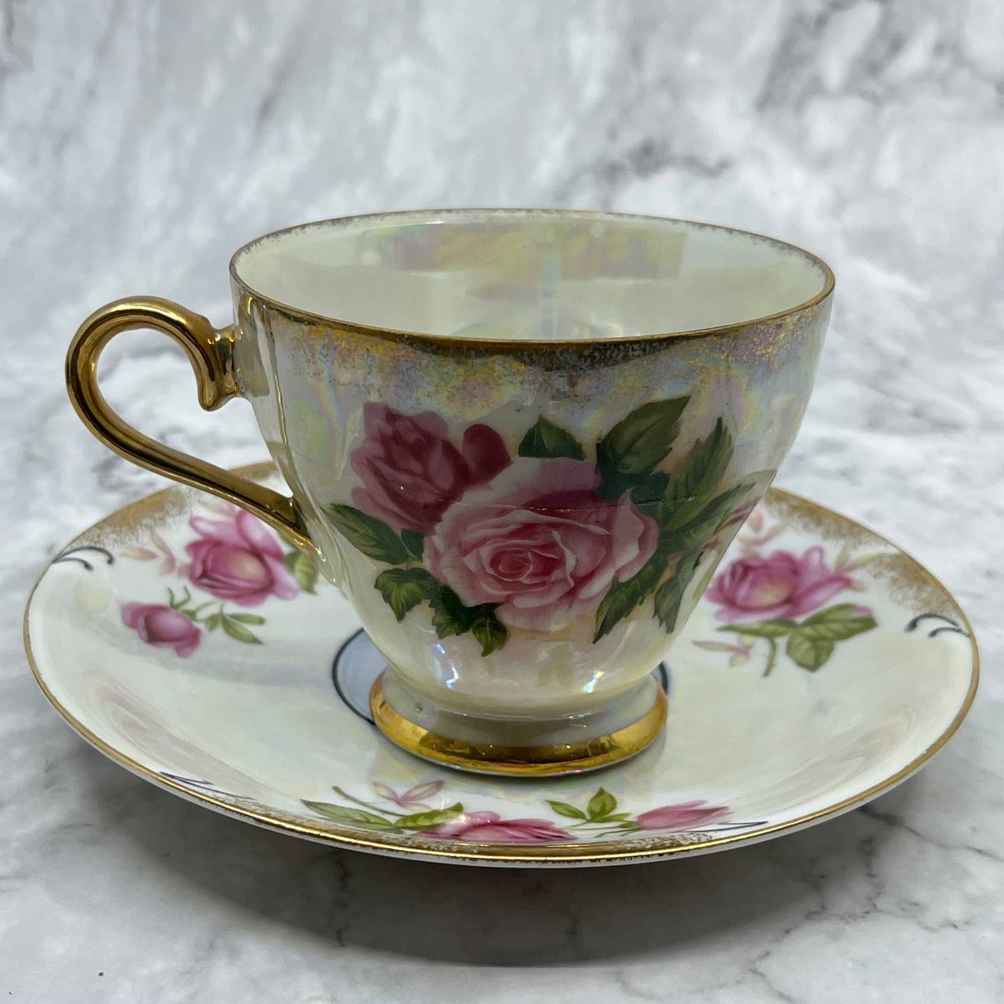 Vintage 1950s Norcrest Iridescent Luster Pink Rose Teacup and Saucer set TA7