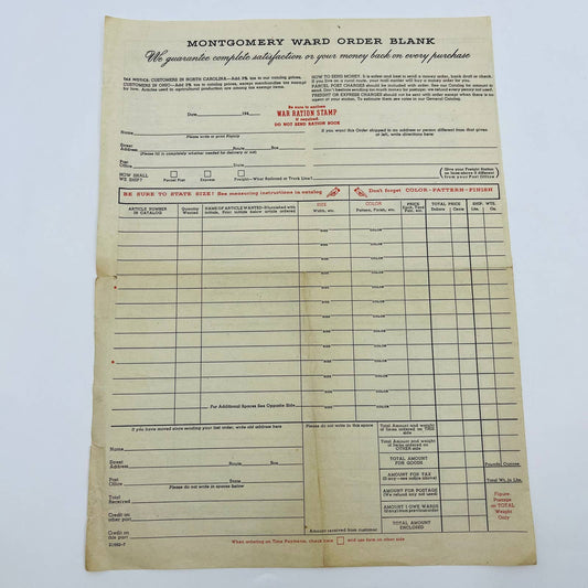 1940s WWII Era Montgomery Wards Order Blank Form - War Ration Stamp Option D2