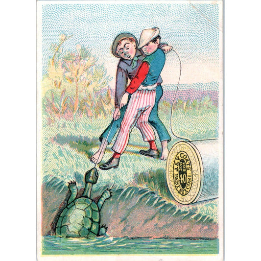 1880s Victorian Trade Card J & P Coats Cotton Boys Catch Turtle Fishing SE8