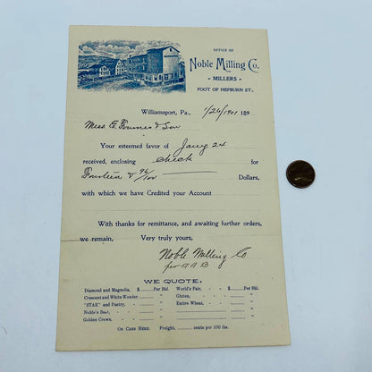 1901 Noble Milling Co. Millers Billhead Invoice Williamsport PA Hepburn St.  D3